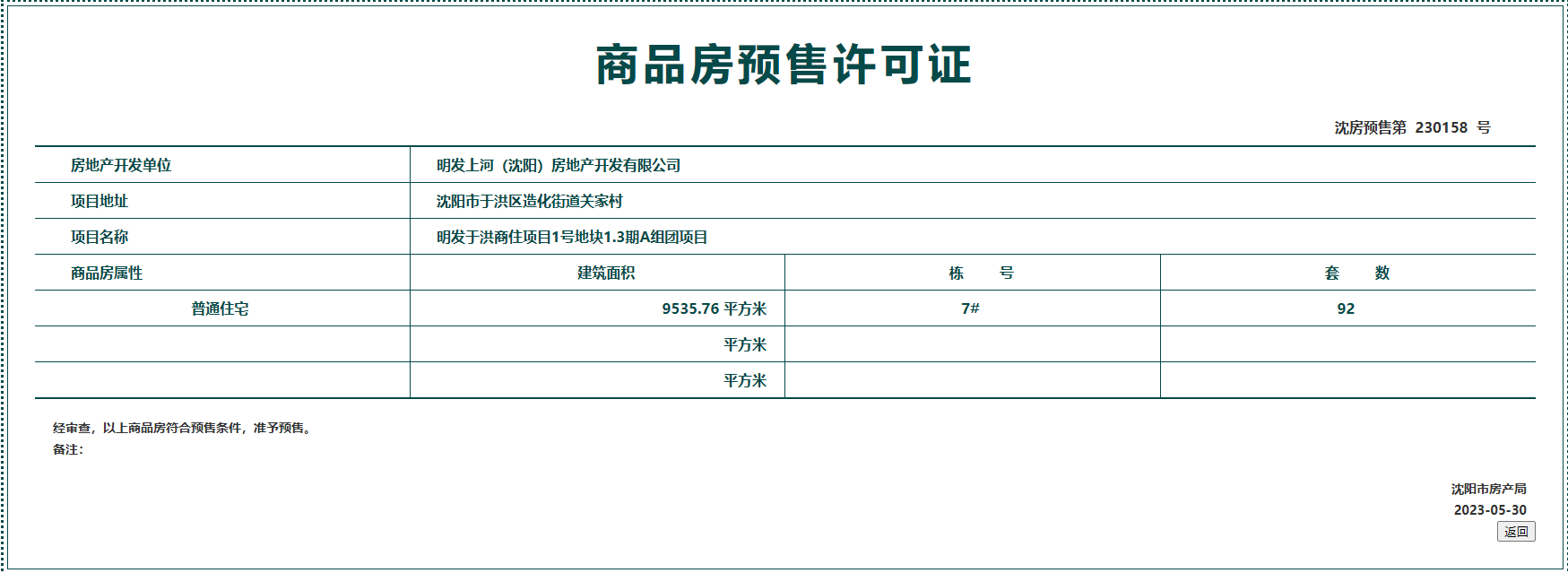 拿證速遞|于洪區明發上河時代獲預售許可 共計92套房源